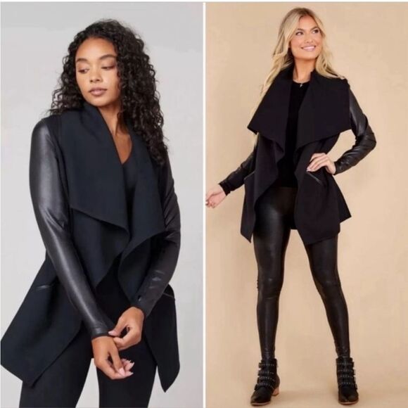 SPANX Jackets & Blazers - SPANX Faux Leather Women's Black Drape Jacket Convertible Size XS